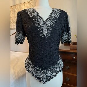 Laurence Kazan New York Black and Silver Beaded Top size L